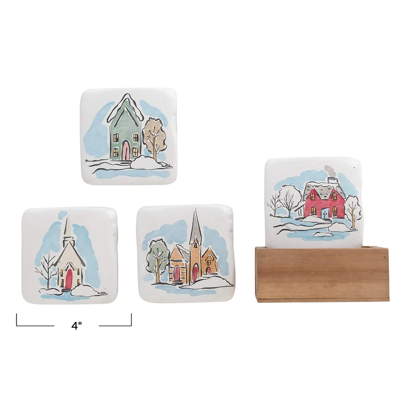 Hello Honey® 4" House Design Coaster Set in Wood Box