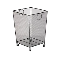 24" Black Metal Square Mesh Wire Rolling Laundry Storage Cart with Ring Handles