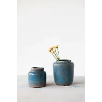 Hello Honey® 7" Distressed Blue Debossed Terracotta Vase