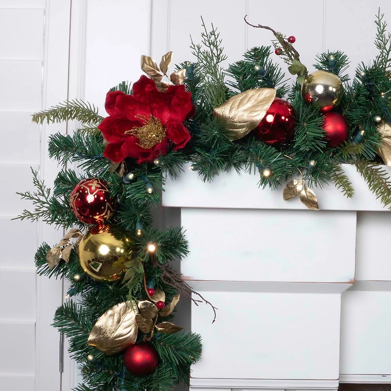9 ft. Pre-Lit LED Golden Leaf Red Magnolia Artificial Christmas Garland