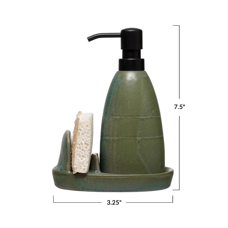 Hello Honey® Matte Green Reactive Glaze Stoneware Soap Dispenser with Loofah & Holder Set