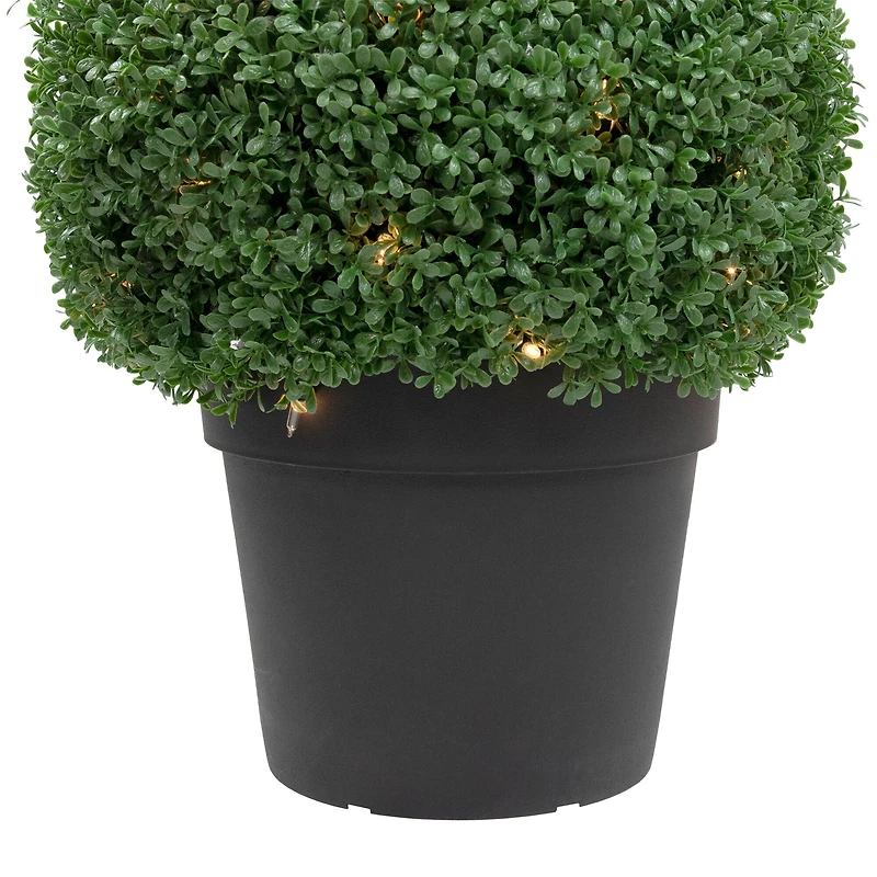 20" Pre-Lit Artificial Boxwood Ball Topiary in Round Pot, Clear Lights
