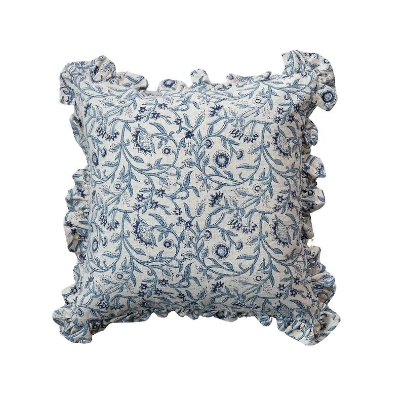 Hello Honey® 18" Blue & White Floral Accent Pillow with Ruffled Edges