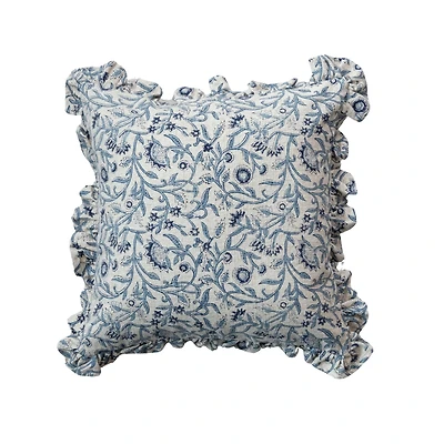 Hello Honey® 18" Blue & White Floral Accent Pillow with Ruffled Edges