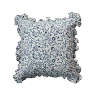 Hello Honey® 18" Blue & White Floral Accent Pillow with Ruffled Edges