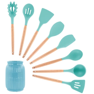 MegaChef Light Teal Silicone & Wood Cooking Utensils Set
