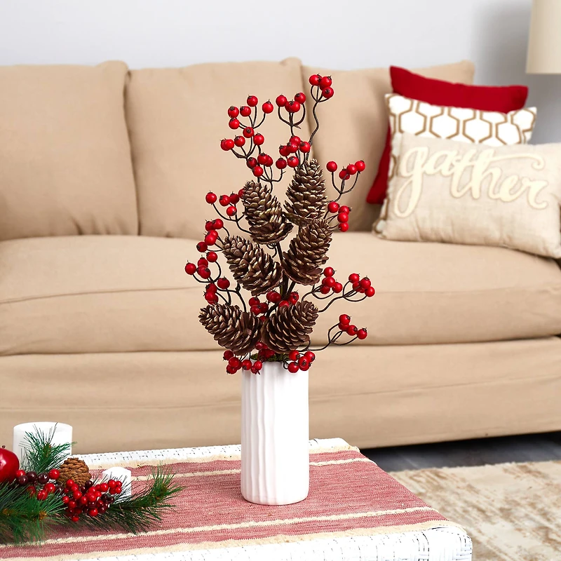 23" Pinecone & Berries Arrangement in White Vase