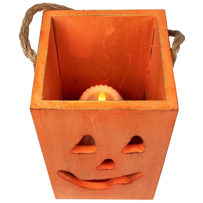 8" Large Orange Wood Jack-O-Lantern Halloween Candle Lantern