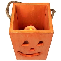 8" Large Orange Wood Jack-O-Lantern Halloween Candle Lantern