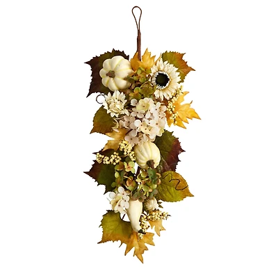 33" Sunflower, Hydrangea & White Pumpkin Autumn Teardrop Swag