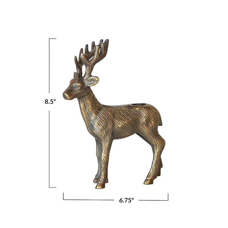Hello Honey® 8.5" Antique Gold Finish Cast Aluminum Reindeer Taper Candleholder