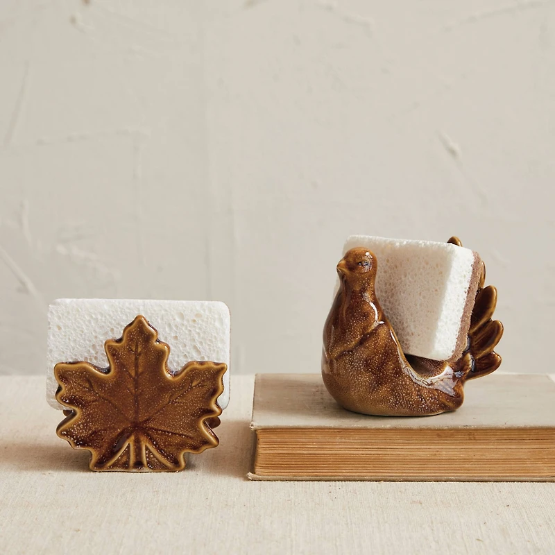 Hello Honey 4" Brown Reactive Glaze Stoneware Maple Leaf Shaped Sponge Holder, 2ct.
