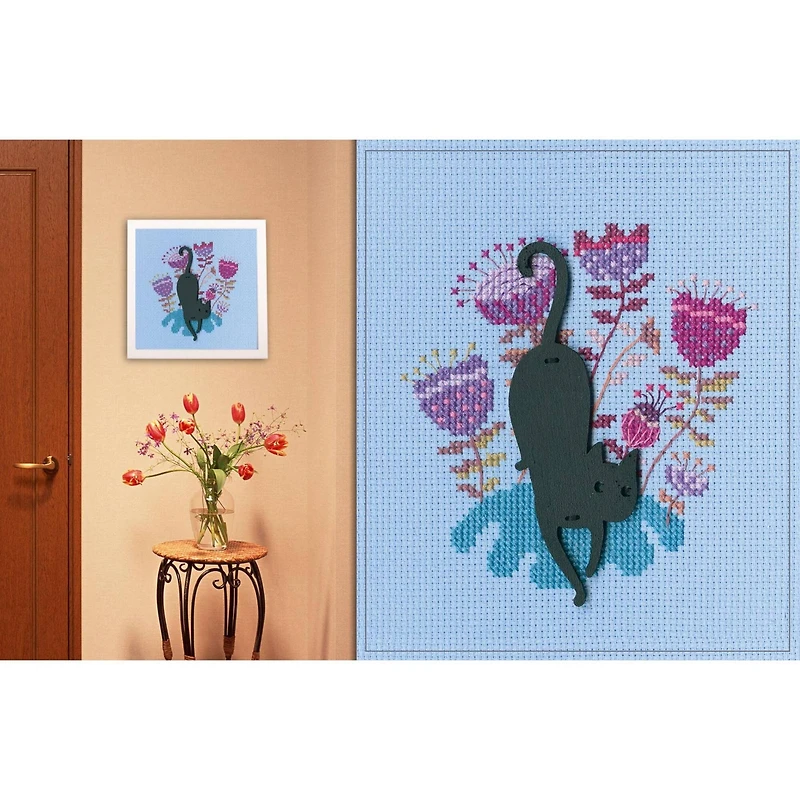 RTO Black Cat with Pink Flowers Cross Stitch Kit