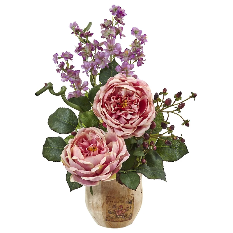 Large Rose and Dancing Daisy in Wooden Pot