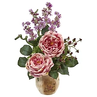 Large Rose and Dancing Daisy in Wooden Pot