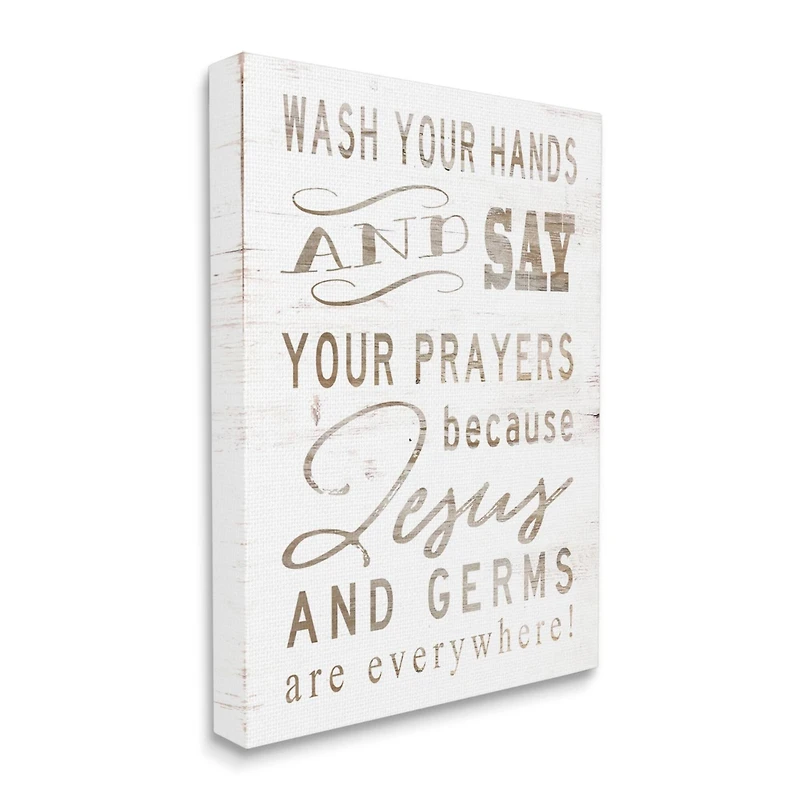 Stupell Industries White Wood Look Jesus And Germs Are Everywhere Wash Your Hands Sign Canvas Wall Art