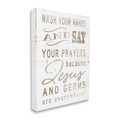 Stupell Industries White Wood Look Jesus And Germs Are Everywhere Wash Your Hands Sign Canvas Wall Art