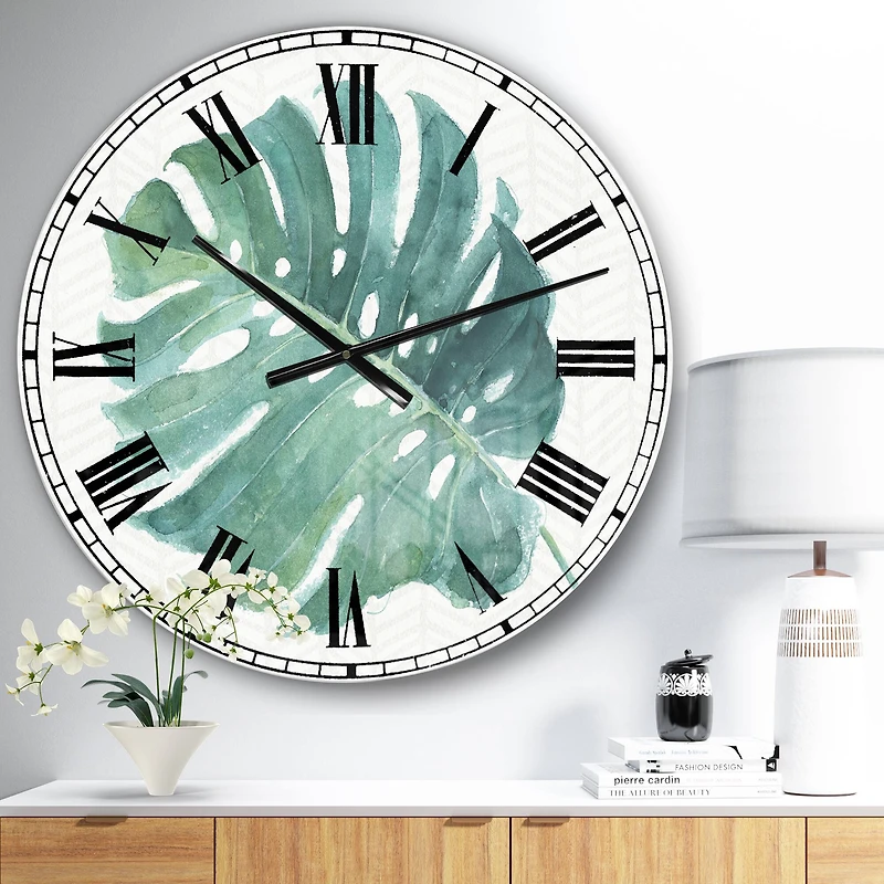 Designart 'Mixed Botanical Green Leaves Iv Farmhouse Wall Clock