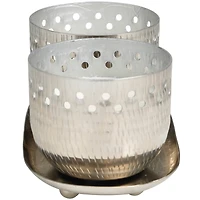 White Wax Vanilla Marshmallow Scented Candle Set with Cutout Spotted Silver Container and Oval Holding Tray