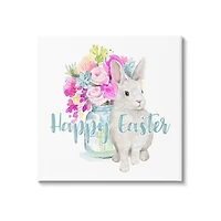 Stupell Industries Happy Easter Calligraphy Bunny Pink Flower Bouquet Canvas Wall Art