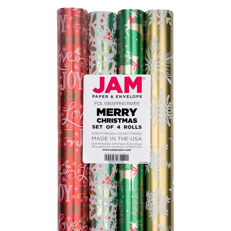 JAM Paper Holographic Merry Christmas Gift Wrap Set, 4ct.