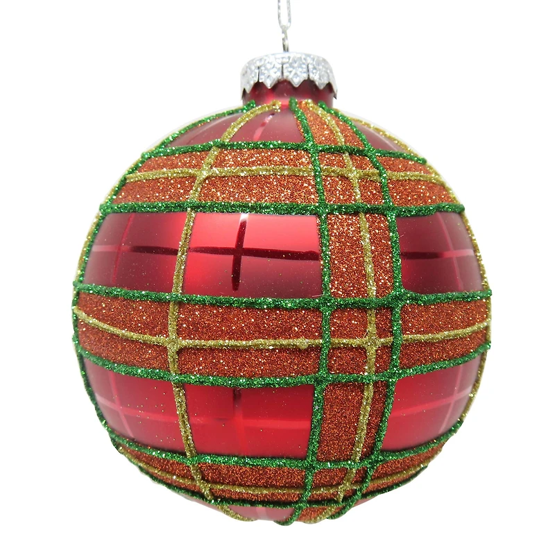4" Red Glitter Plaid Glass Ball Ornament by Ashland®