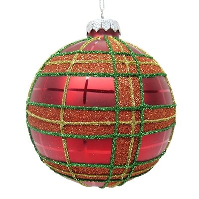 4" Red Glitter Plaid Glass Ball Ornament by Ashland®