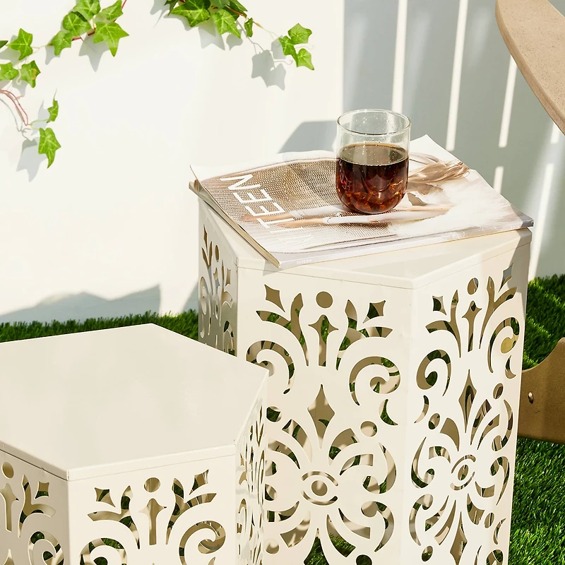 Glitzhome® White Floral Motif Hexagonal Garden Stool Set