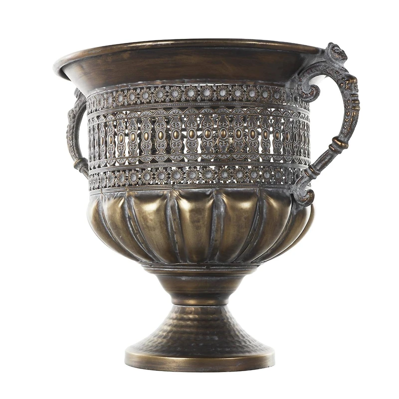 12" Bronze Metal Urn Shaped Vase with Cut Outs