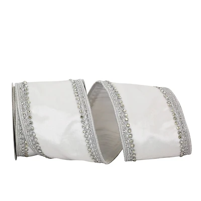 JAM Paper 4" x 5yd. White & Silver Jewel Trim Wired Plush Velvet Ribbon