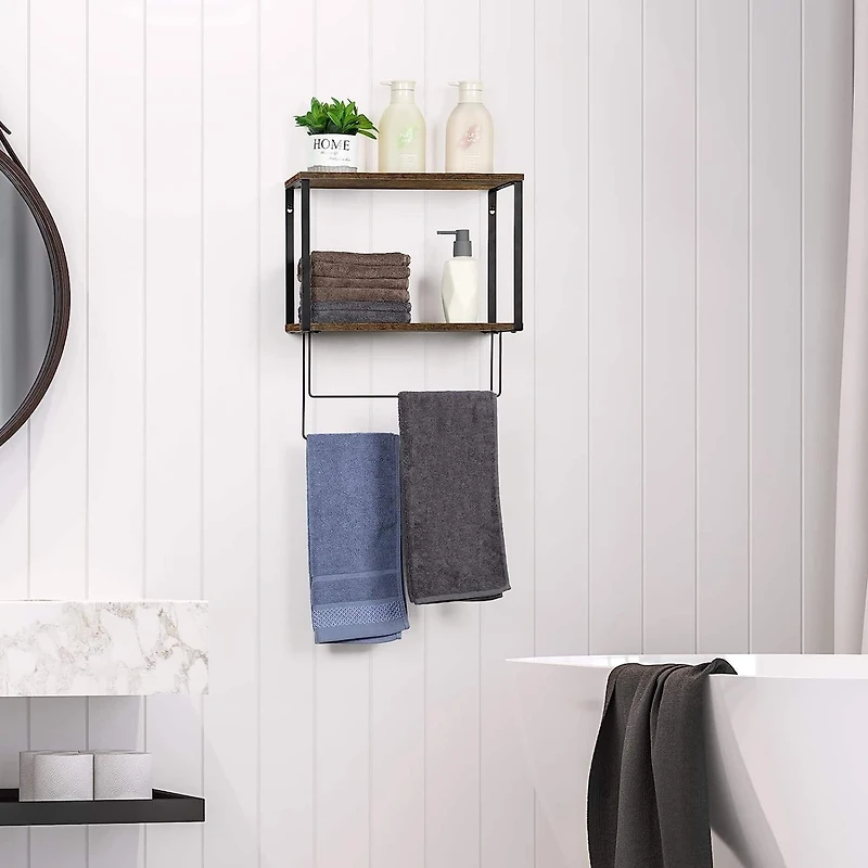 Brown Wood Wall Mount Bathroom 2 Tier Towel Shelf