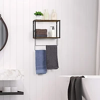 Brown Wood Wall Mount Bathroom 2 Tier Towel Shelf 