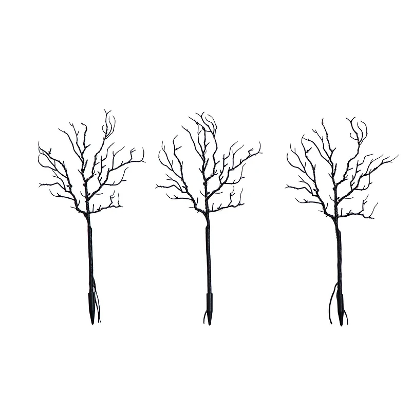 14in. Pre-Lit Artificial Halloween Black Twig Branches with 45 Orange LED Lights and Integrated Ground Stake - Set of 3