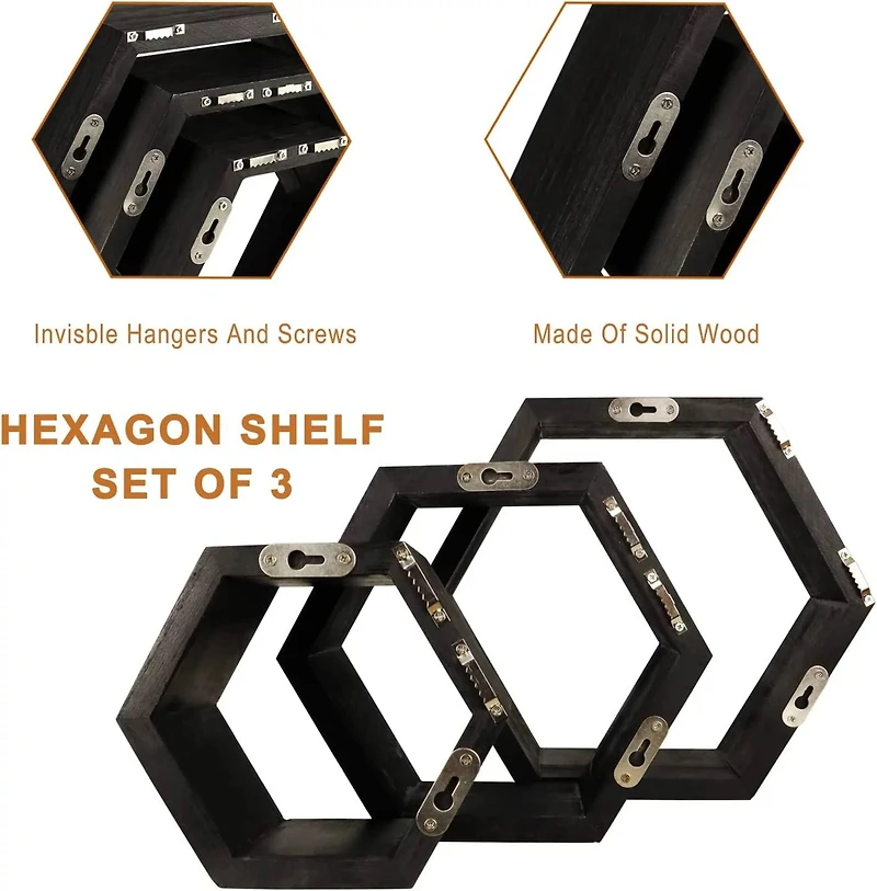 Black Hexagon Floating Shelves Set