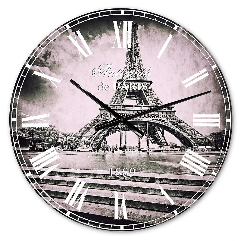 Designart 'Paris Eiffel Towerin Gray Shade French Country Wall Clock
