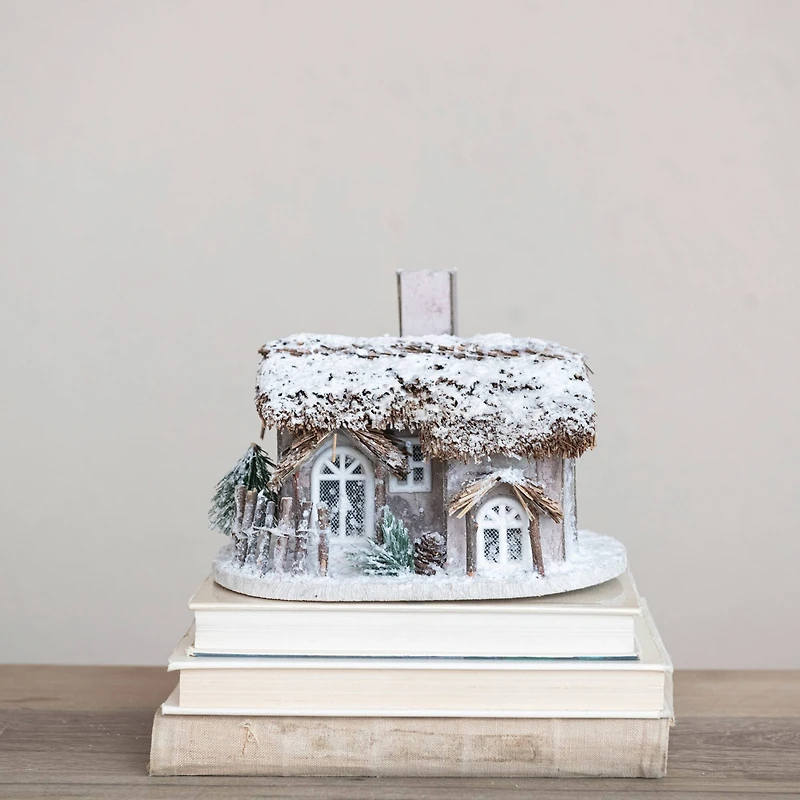 Hello Honey® 8.5" Twig & Paper Cabin with Faux Snow & LED Light