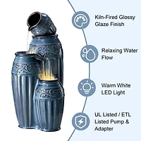 Glitzhome® 35.5" 4-Tier LED Turquoise Embossed Ceramic Pots Outdoor Floor Fountain