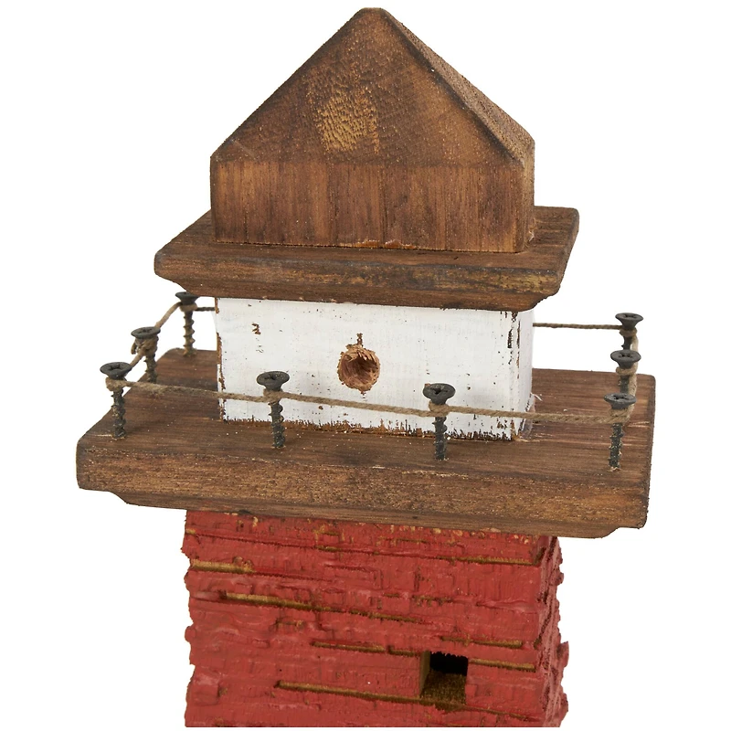 Red & White Wood Light House Sculpture Set