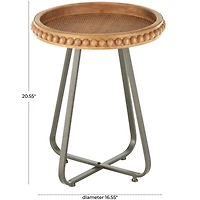 20.5" Brown Wood Beaded Accent Table with Rounded Gray Metal Base & Rattan Accent