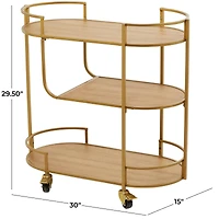 Gold Wood Rolling 3 Shelves Bar Cart with Handles 30" x 15" x 30"