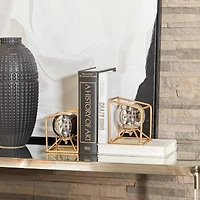 6" Silver Stainless Steel Orb Geometric Bookends with Gold Base Set