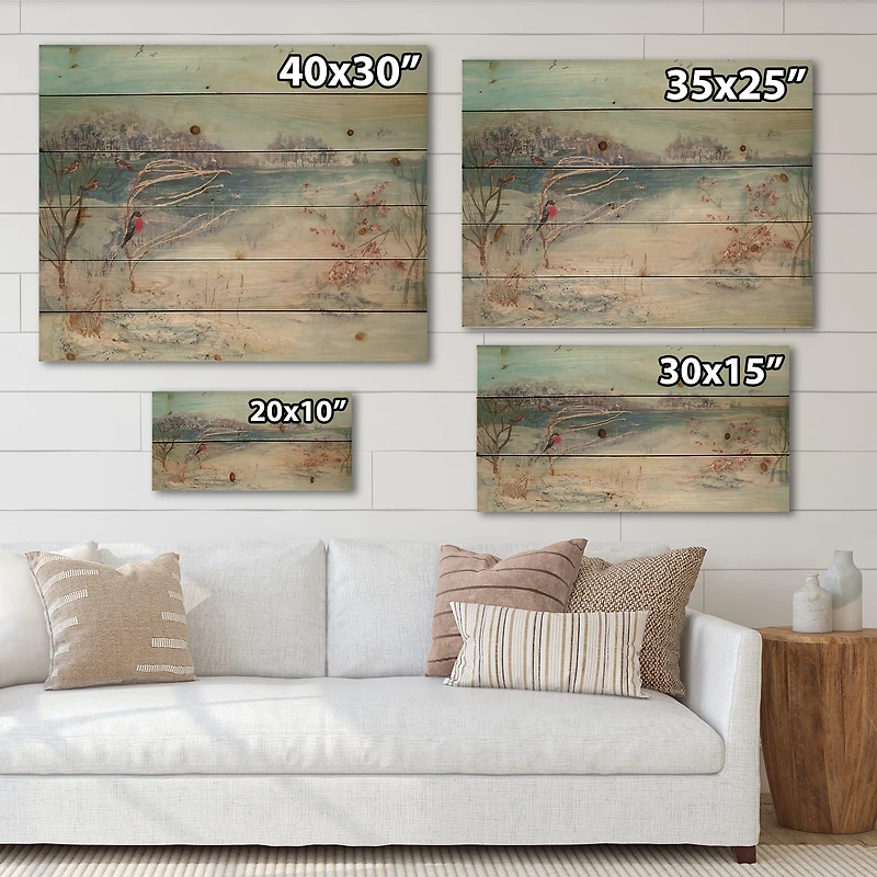 Designart - Winter Trees River and Birds - Lake House Print on Natural Pine Wood