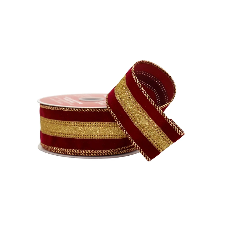 1.5" x 25ft. Burgundy & Gold Stripes Wired Ribbon by Celebrate It®