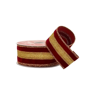 1.5" x 25ft. Burgundy & Gold Stripes Wired Ribbon by Celebrate It®