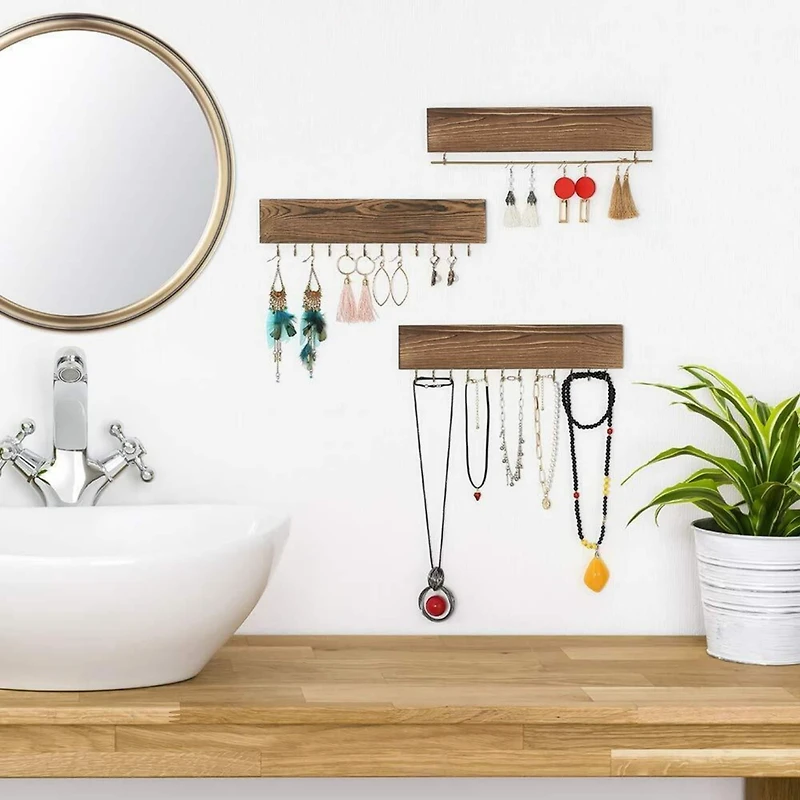 NEX™ 12" Wall-Mounted Rustic Wood Jewelry Organizer, 3ct.