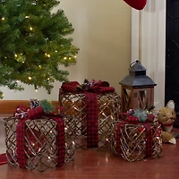 LED Rustic Rattan Christmas Gift Boxes with Pinecones Set