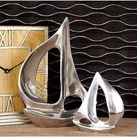 Set of 3 Silver Aluminum Coastal Sail Boat Sculpture, 12", 8", 7"