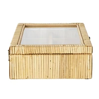 12" x 9" x 4" Brown Hand-Wrapped Rattan 6-Slot Jewelry Box with Tempered Glass Top