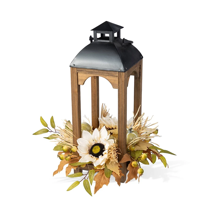 Glitzhome® 20" Fall Neutral Sunflower, Pumpkin and Leaf Wood Lantern Centerpiece