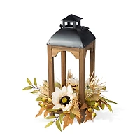 Glitzhome® 20" Fall Neutral Sunflower, Pumpkin and Leaf Wood Lantern Centerpiece